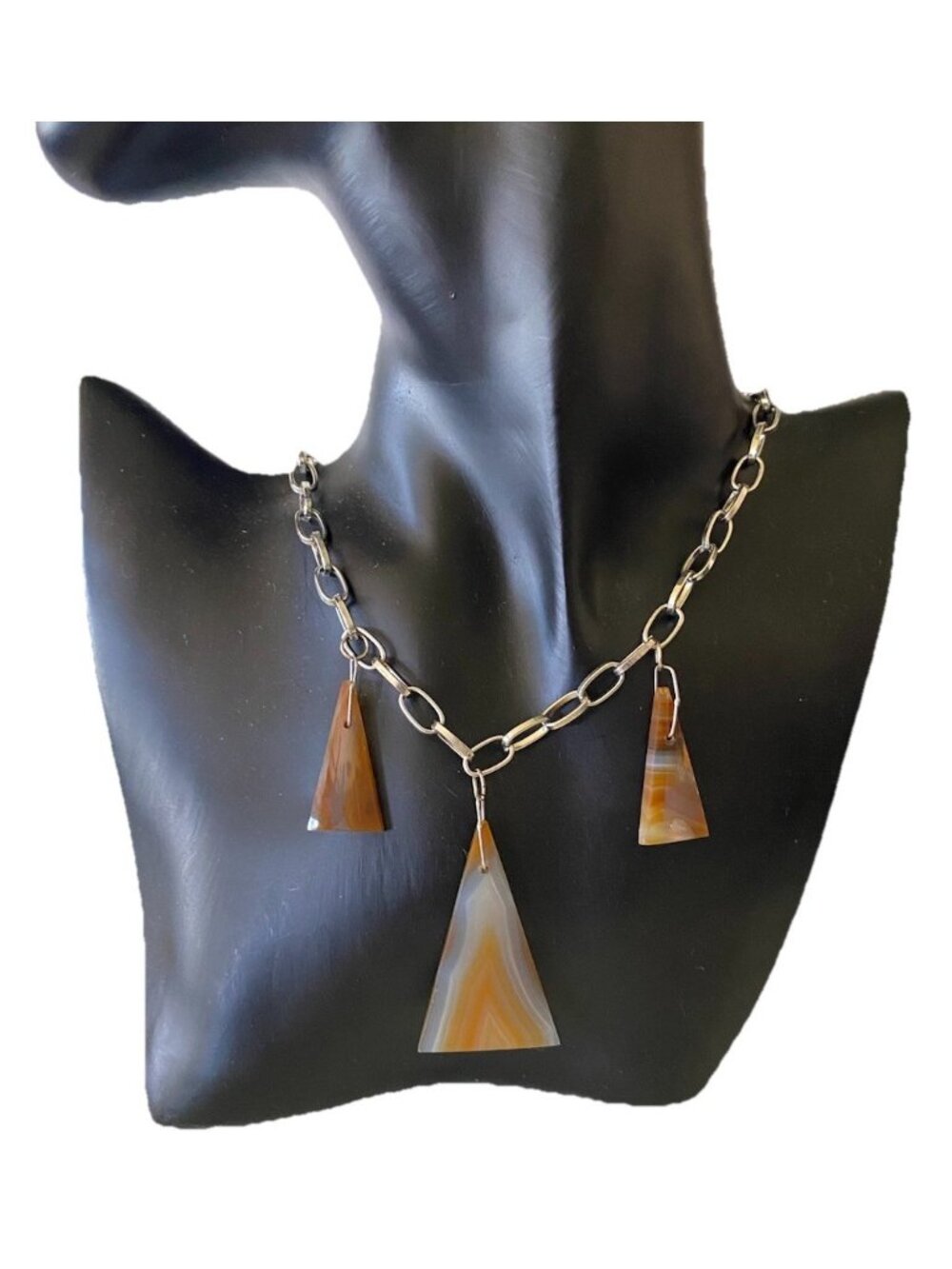 Chunky Stainless Steel Necklace Tan Onyx Teeth Pendants Stackable Chain Retro